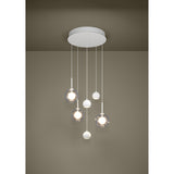 Caprecano 6-light cluster pendant in white, with three small white ball shades and three clear glass globes at staggered heights from a round white ceiling plate.