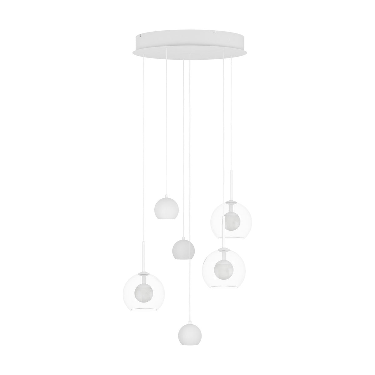 Caprecano six-light pendant in white with three small ball shades and three clear glass globes at staggered heights, mounted on a round white ceiling plate.