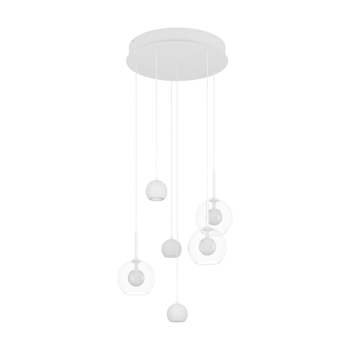 Caprecano 6 light cluster pendant in white steel with a round ceiling plate, three small white ball shades and three clear glass globes at varying heights, shown on a plain white background.