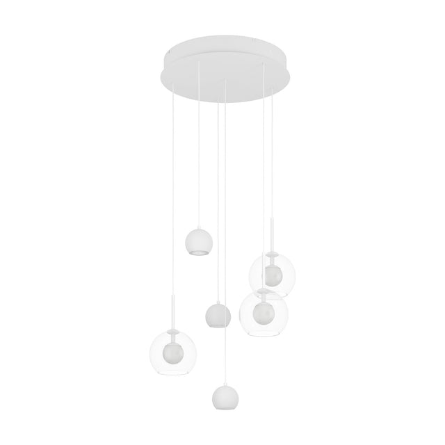 Caprecano 6 light cluster pendant in white steel with a round ceiling plate, three small white ball shades and three clear glass globes at varying heights, shown on a plain white background.