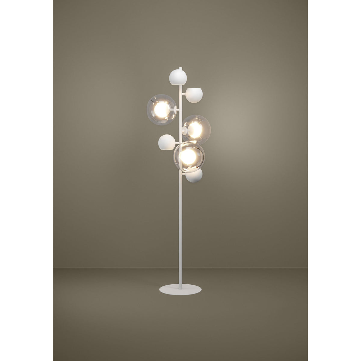 Caprecano LED floor lamp in white, featuring a slender steel stem with white ball heads, some enclosed in clear glass globes, set on a round base against a neutral background.