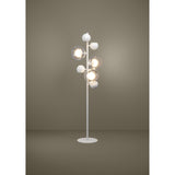Caprecano LED floor lamp in white, featuring a slender steel stem with white ball heads, some enclosed in clear glass globes, set on a round base against a neutral background.