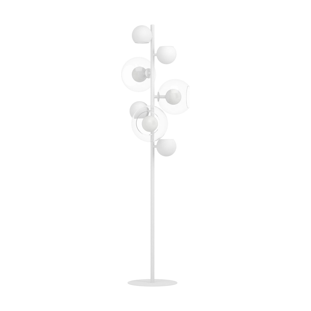 Caprecano LED Floor Lamp in white, a slender steel stem on a round base holding multiple white ball lights, some encased in clear glass globes, against a plain white background.