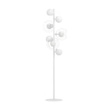 Caprecano LED Floor Lamp in white, a slender steel stem on a round base holding multiple white ball lights, some encased in clear glass globes, against a plain white background.