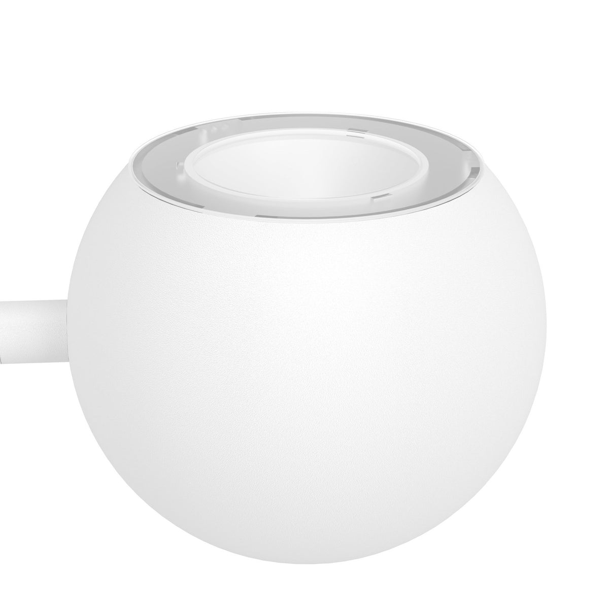 Close-up of the Caprecano LED floor lamp's white ball head, partly encased in a clear glass globe on a white arm, set against a plain white background.