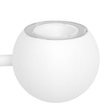 Close-up of the Caprecano LED floor lamp's white ball head, partly encased in a clear glass globe on a white arm, set against a plain white background.