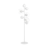 Caprecano LED floor lamp in white, with a slender steel stem holding white ball heads, some nestled in clear glass globes, on a round base against a plain white background.