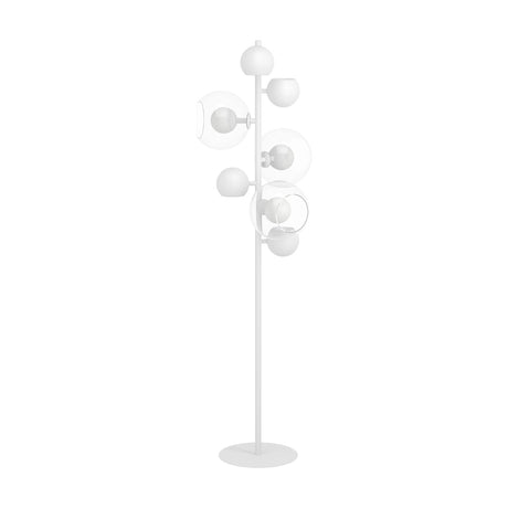 Caprecano LED floor lamp in white, with a slender steel stem holding white ball heads, some nestled in clear glass globes, on a round base against a plain white background.