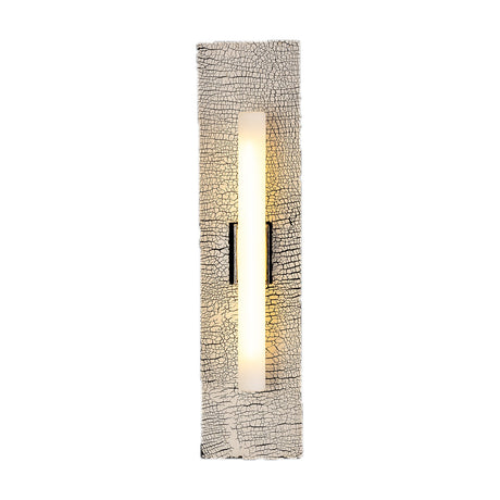 Capua Ceramic Wall Light in Black Clay, a tall slim crackled-glaze ceramic panel with matt black mounting brackets and a central illuminated glass tube, shown on a white background.
