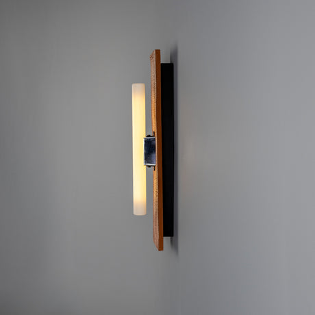 Capua Ceramic Wall Light in Red Iron glaze with fine crackle texture, upright rectangular ceramic panel on matt black metalwork, single vertical S14d bulb lit, shown against a plain grey background.