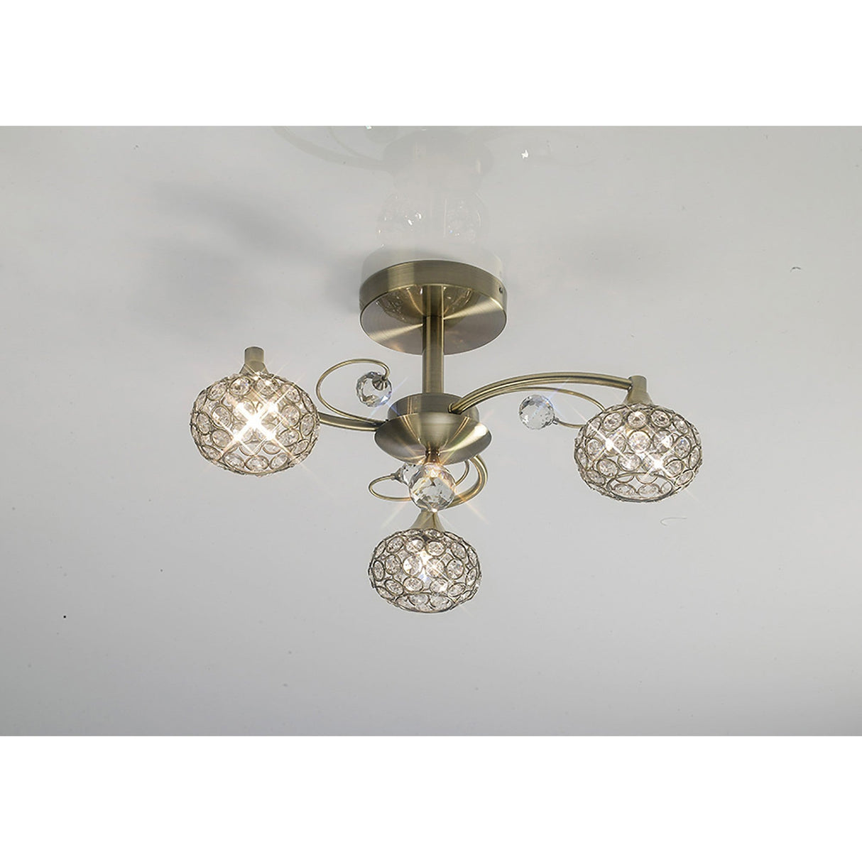 Cara 3 Light Crystal Semi-Flush Ceiling Light - Antique Brass