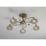 Cara 5 Light Crystal Semi-Flush Ceiling Light - Antique Brass