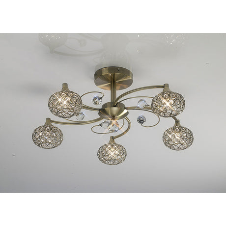 Cara 5 Light Crystal Semi-Flush Ceiling Light - Antique Brass