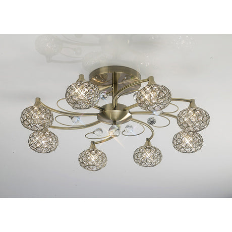Cara 8 Light Crystal Semi-Flush Ceiling Light - Antique Brass