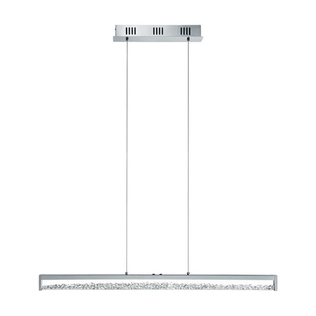 Cardito 1 LED pendant light with a chrome bar holding crystal-filled glass, suspended on two wires from a rectangular chrome ceiling canopy.