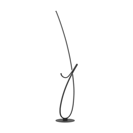 Cardoncito LED Floor Lamp in black steel, a single looping line form with teardrop curve and hooked tail, white diffuser edge, round base, on a plain white background.