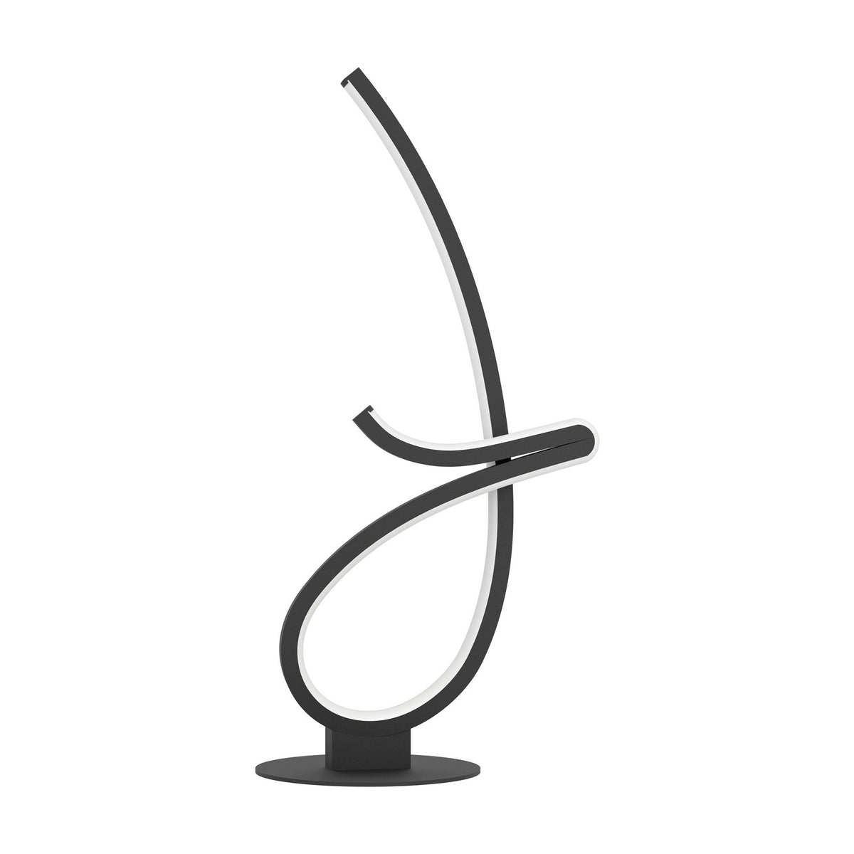 Cardoncito LED Table Lamp in black steel, a ribbon-shaped design curling from a round base into a loop and rising into a slender curve with white diffuser, on a plain white background.