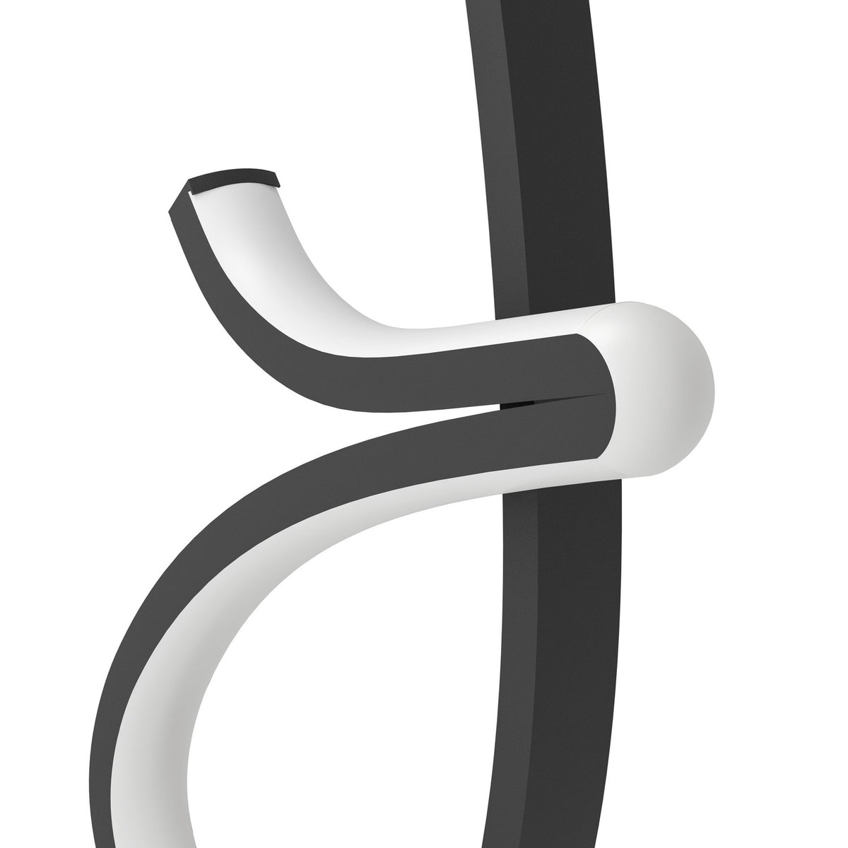 Close-up of the Cardoncito LED table lamp's black steel ribbon with white plastic diffuser along the curved inner edge, shown against a plain white background.