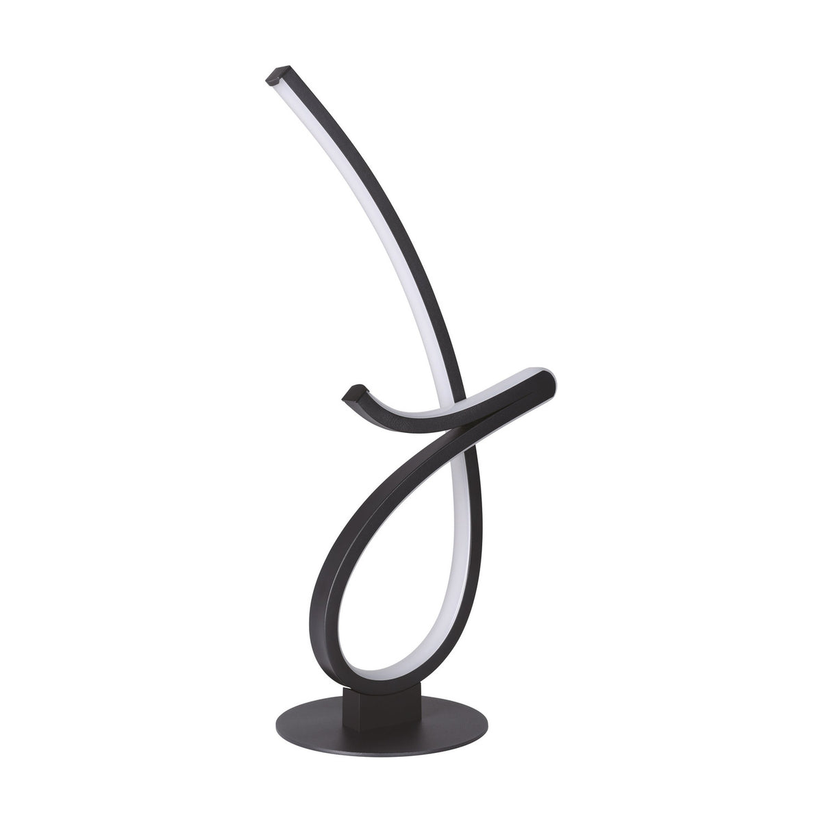 Cardoncito LED Table Lamp in black steel with a ribbon-like looped and curved design, white plastic diffuser strip, and round disc base, shown on a plain white background.