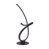 Cardoncito LED Table Lamp in black steel with a ribbon-like looped and curved design, white plastic diffuser strip, and round disc base, shown on a plain white background.