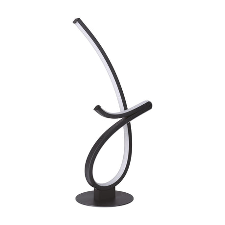 Cardoncito LED Table Lamp in black steel with a ribbon-like looped and curved design, white plastic diffuser strip, and round disc base, shown on a plain white background.