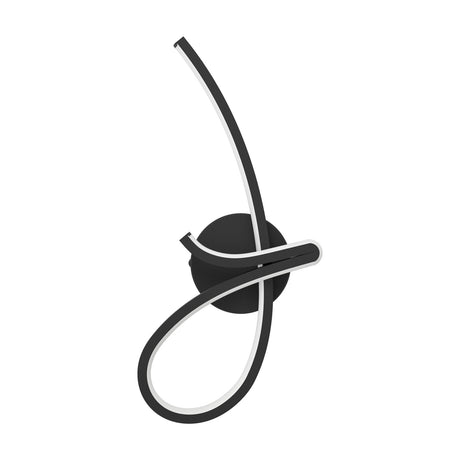 Cardoncito LED Wall Light in black steel with a looping, curved arm over a round wall plate and integrated white diffuser strip, shown on a plain white background.