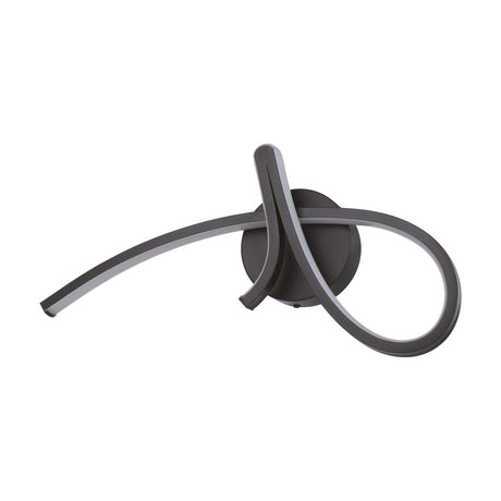 Cardoncito LED wall light in black steel with a looped, curving arm crossing a round wall plate, integrated LED diffuser strip, shown on a plain white background.
