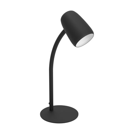 Carlo Table Lamp in matt black steel with a white-lined domed shade, slim curved gooseneck stem and round disc base, shown on a plain white background.