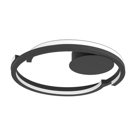Carmanne LED Flush Ceiling Light in black, an open ring with two overlapping curved arms and a white diffuser band, mounted via a round offset disc, shown on a plain white background.