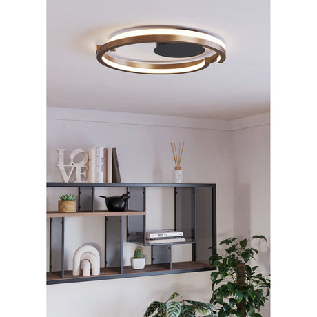 Carmanne LED flush ceiling light with two overlapping bronze rings and a round black mount, shown installed on a living room ceiling above a shelving unit with books and plants.