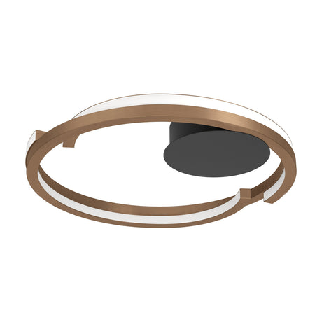 Carmanne LED Flush Ceiling Light featuring two overlapping open rings in a bronze finish with a white diffuser, mounted on a round black ceiling plate, shown on a plain white background.