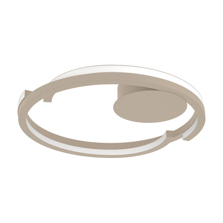 Carmanne LED Flush Ceiling Light in Sand, featuring two overlapping ring-shaped arms in a beige aluminium finish with an off-centre round canopy, shown on a plain white background.