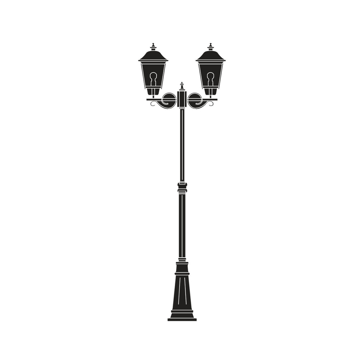 Casement cast aluminium outdoor lamp post in black with 2 lantern-style heads, domed roofs and polycarbonate glazing on a tall column base, shown on a plain white background.