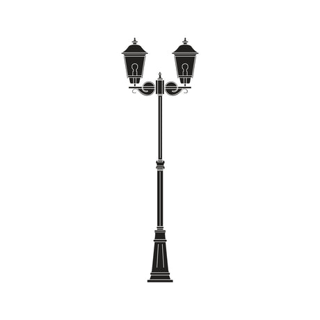Casement cast aluminium outdoor lamp post in black with 2 lantern-style heads, domed roofs and polycarbonate glazing on a tall column base, shown on a plain white background.