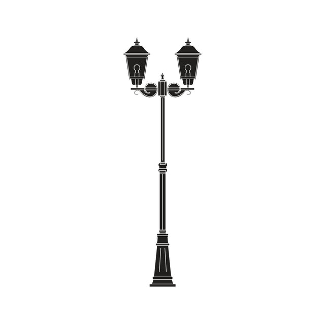 Casement cast aluminium outdoor lamp post in black with 2 lantern-style heads, domed roofs and polycarbonate glazing on a tall column base, shown on a plain white background.