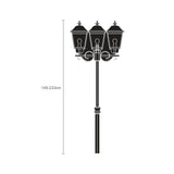 Casement cast aluminium outdoor lamp post in black with adjustable height 149-233cm, featuring 3 domed lantern heads on a scrolled bracket atop a tall column, shown on a plain white background.