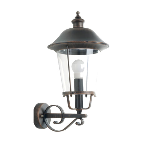 Casement cast aluminium outdoor wall lantern in a dark bronze finish, with domed roof, clear glazed panels, exposed bulb, and scrolled wall bracket on a plain white background.