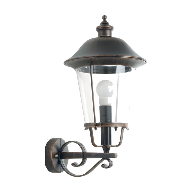 Casement cast aluminium outdoor wall lantern in a dark bronze finish, with domed roof, clear glazed panels, exposed bulb, and scrolled wall bracket on a plain white background.