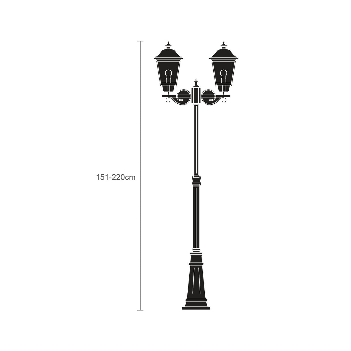 Casement 2-light outdoor lamp post, 151-220cm adjustable black column with twin lantern heads and copper-top domed roofs, glazed panels, IP44 rated, on plain white background.