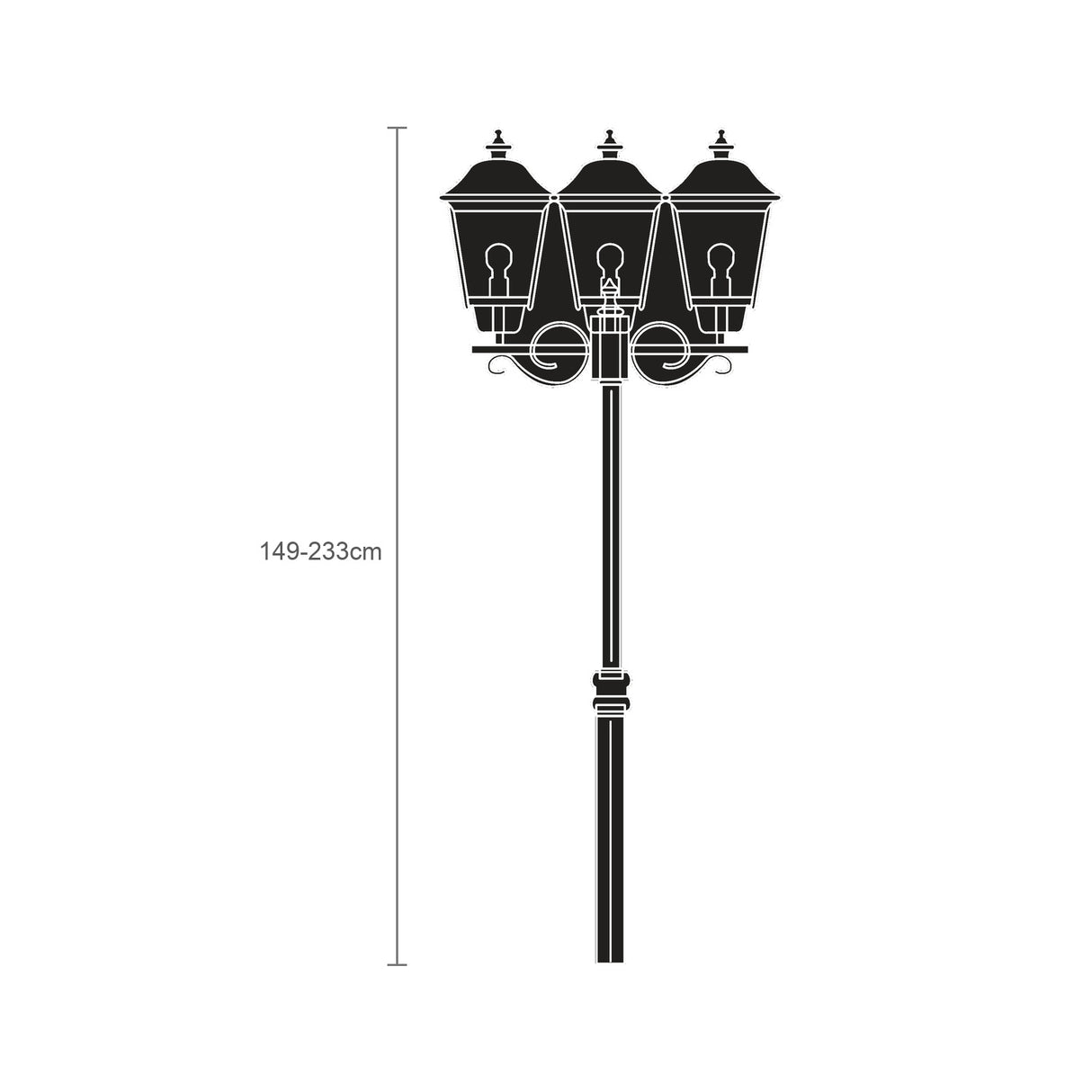 Casement outdoor lamp post with 3 lantern heads on a tall adjustable column, 149-233cm, black finish with domed copper-top roofs, shown on a plain white background.