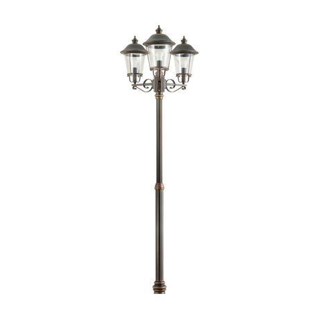 Casement outdoor lamp post with tall black column and 3 clear-glazed lanterns topped by domed copper roofs, shown on a plain white background.