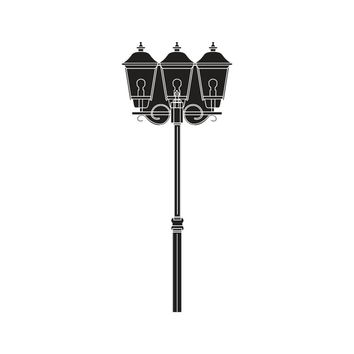 Casement Copper Top outdoor lamp post in black silhouette, featuring a tall column topped with 3 traditional lantern heads with domed roofs and finials, shown on a plain white background.