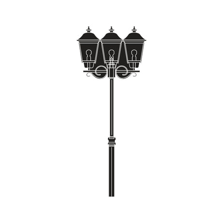 Casement Copper Top outdoor lamp post in black silhouette, featuring a tall column topped with 3 traditional lantern heads with domed roofs and finials, shown on a plain white background.
