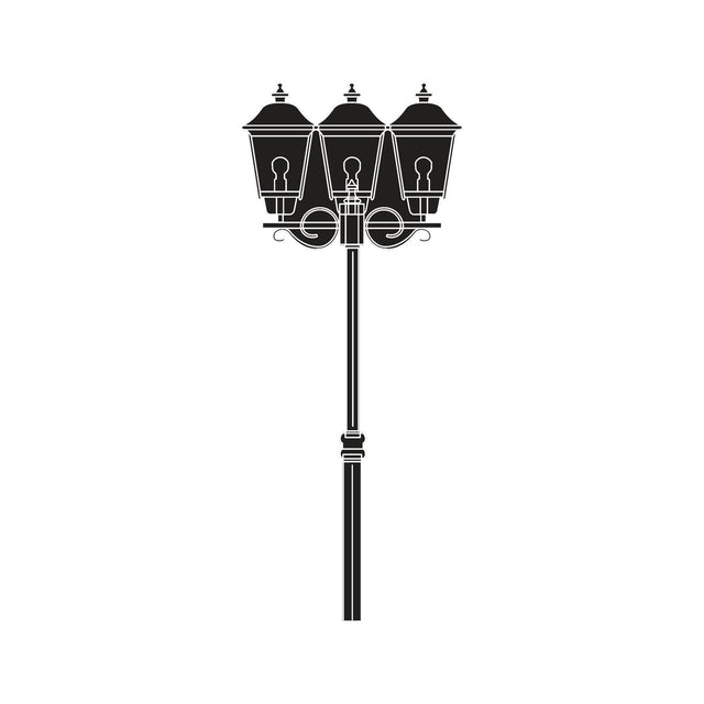Casement Copper Top outdoor lamp post in black silhouette, featuring a tall column topped with 3 traditional lantern heads with domed roofs and finials, shown on a plain white background.