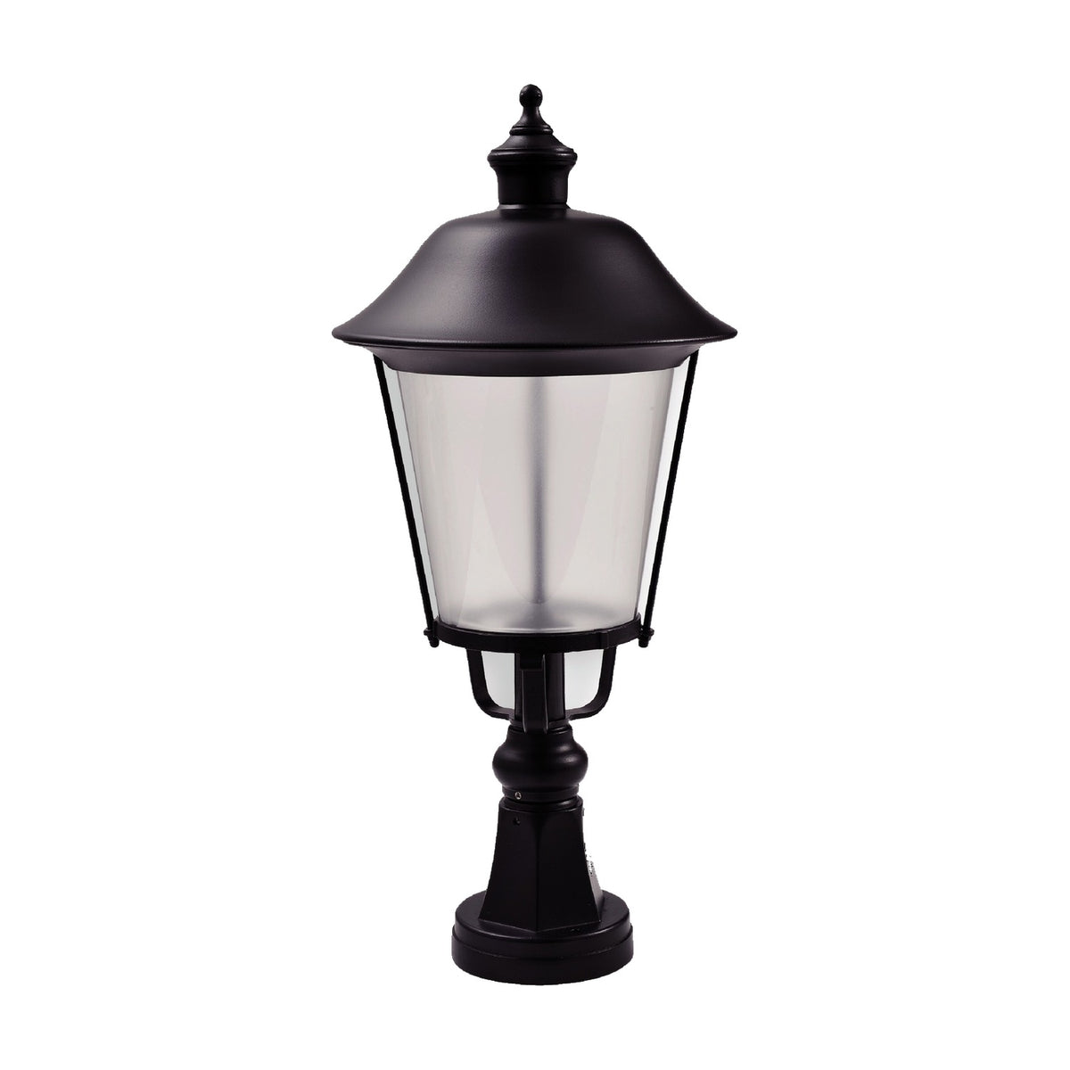 Casement Copper Top Outdoor Bollard Light, 58cm, black cast pedestal with domed roof and clear glazed lantern panel, on a plain white background.