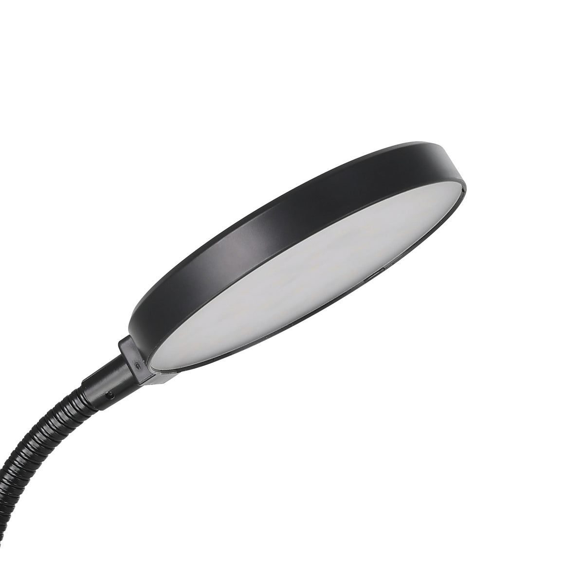 Casetto Clamp Lamp in black, close-up of the round LED panel head and flexible gooseneck arm against a plain white background.