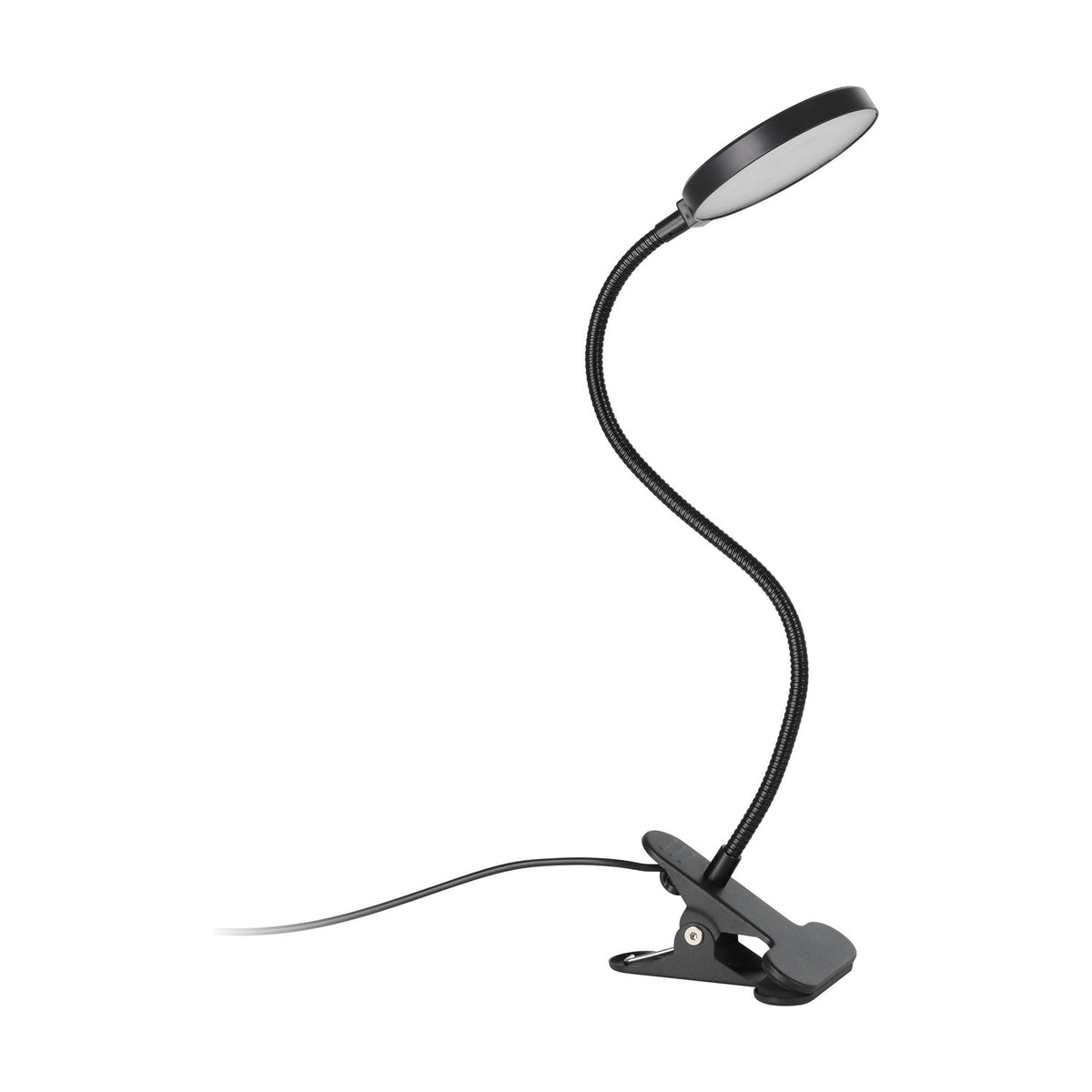 Casetto Clamp Lamp in black with a round LED panel head, flexible gooseneck arm, and spring clip base, shown on a plain white background.