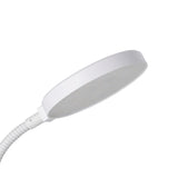 Casetto Clamp Lamp in white plastic, showing the round, flat LED head and flexible gooseneck arm in close-up against a plain white background.