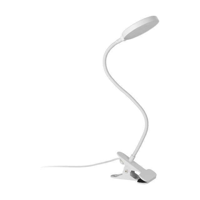 Casetto Clamp Lamp in white plastic, featuring a round flat LED head, flexible gooseneck arm and spring clip base, shown on a plain white background.