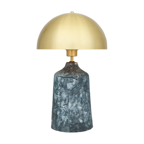 Cassia ceramic mushroom table lamp with a domed satin brass shade over a tapered Blue Earth glazed base featuring a crackled blue-grey finish, shown on a white background.